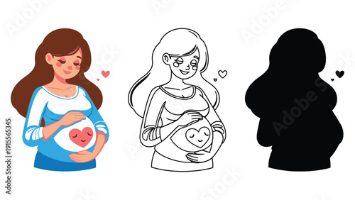 Pregnancy icon set including color, line, and silhouette styles available