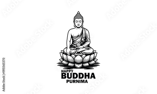 Happy buddha purnima black and white illustration with lotus flower vector design