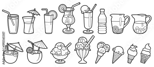 Cartoon set of doodle beverages, ice cream, fruits. Summer beach food and drinks vector funny illustration. Isolated on white background