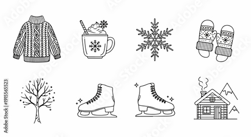 Winter activities and cozy items illustrated in a simple line drawing style Vector
