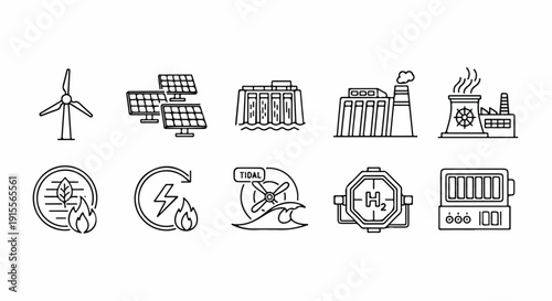 Illustrations of various energy sources and storage methods Vector