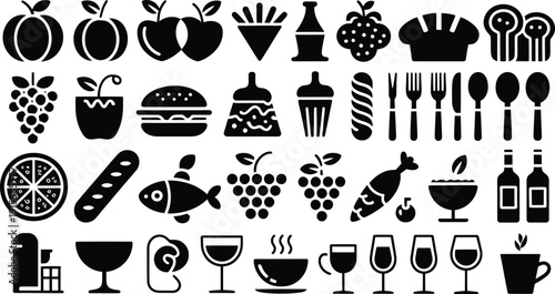 Collection of food and drink icons including fruits meals utensils and beverages on white background