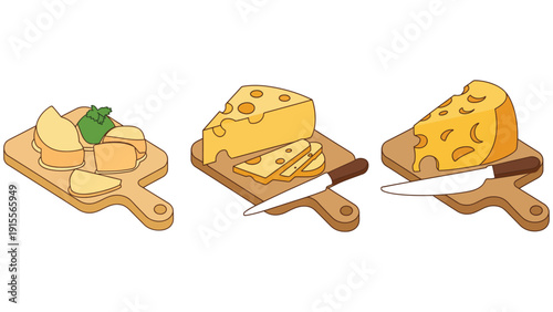 Cheese illustration set with cutting boards and knives on white background