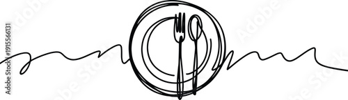 Continuous line drawing of a plate with fork and spoon on a white background with wavy black lines