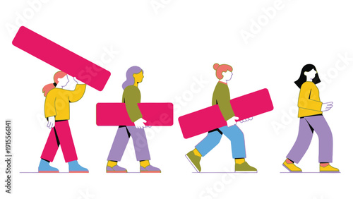 Diverse group of people collaborating to carry a large object, symbolizing teamwork and shared effort.