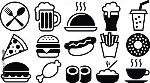 Collection of black and white food icons including burgers pizza sushi and drinks on white background for menu or restaurant design