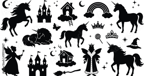 Magical Fairy Tale Silhouette Vector Set with Unicorns Princess Fairy Castles Rainbow Stars and Fantasy Elements for Enchanted Storybook Design Projects