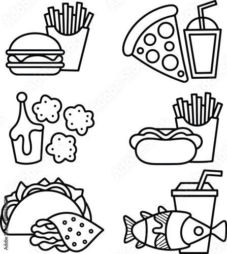 A collection of six popular fast food icons including burgers, pizza, hot dogs, and tacos in outline style