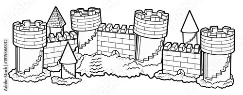 Detailed black and white line art illustration of a medieval sandcastle fortress with towers, walls, and buildings, designed as a whimsical fantasy castle for coloring or design use