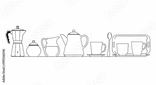 A collection of various kitchen items including a kettle, coffee maker, teapot, and mugs. Vector