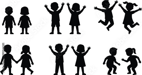 Set of black silhouettes of little boys and girls jumping, playing, holding hands, and standing together on white background vector.