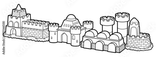 Detailed black and white line art illustration of a medieval sandcastle fortress with towers, walls, and buildings, designed as a whimsical fantasy castle for coloring or design use