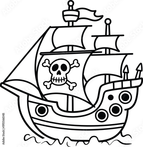 Bold cartoon pirate ship with prominent skull flag navigating rough waters with energetic waves