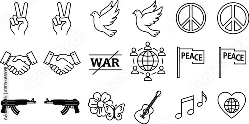Peace and anti war line icon set with doves, handshake, music, guitar, flowers, unity, and global harmony symbols