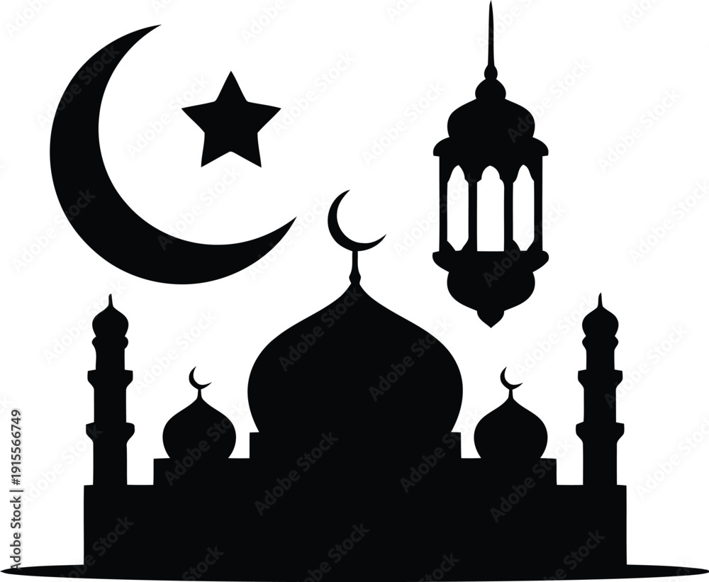 Fototapeta premium Elegant black silhouette of a grand mosque with minarets, a crescent, star, and festive hanging lantern