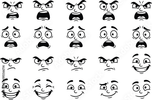 Set of hand drawn cartoon character faces with various expressions including happy sad angry surprised frustrated and joyful vector emoticon icons