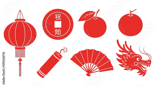 Chinese New Year symbols: lantern, coin, orange, firecracker, fan, dragon