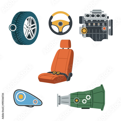 Car Parts Icons: Engine, Tire, Seat, Steering Wheel, Transmission, Headlight