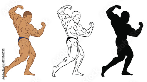 Muscular male bodybuilder striking a pose, showcasing sculpted physique in three distinct artistic styles.