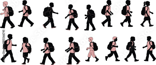Black and pink silhouettes set of school children walking with backpacks isolated on white background for education and student designs.
