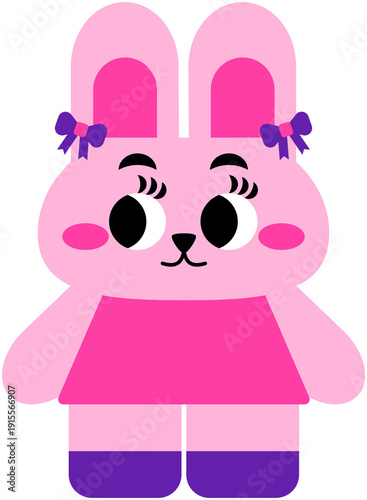 Cute Pink Bunny Girl Cartoon Character with Bow and Dress Kawaii Easter Rabbit Illustration
