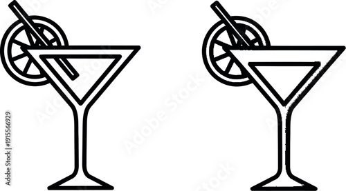 Two stylized martini glasses with different garnishes depicted in minimalist design