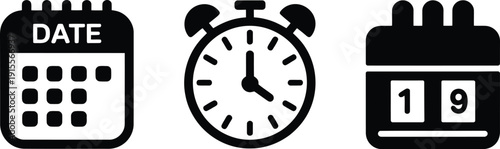 Black icons of calendar clock and date on white background for time management and organization
