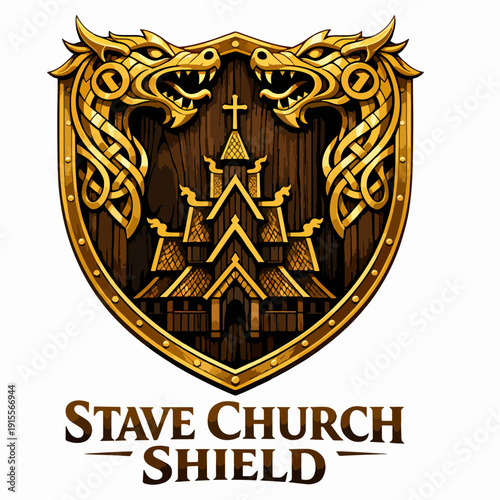 Elegant Stave Church Shield emblem illustrating Nordic wooden architecture with dragon carvings, representing faith, craftsmanship, devotion, culture, and heritage of Scandinavian legacy