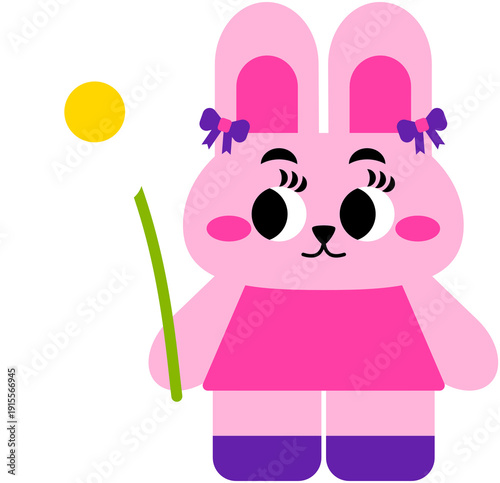 Cute Easter Bunny Holding Daisy Flower Kawaii Spring Cartoon Illustration
