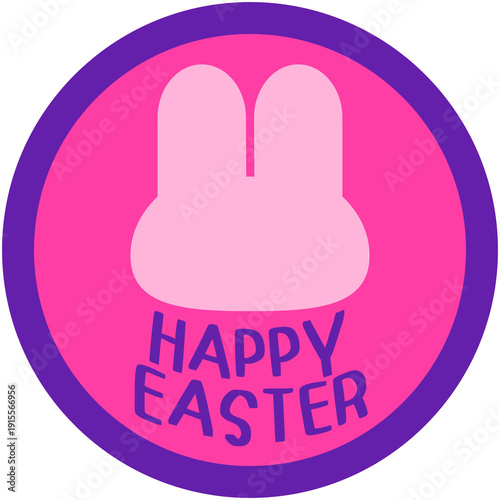 Happy Easter Bunny Badge Cartoon Logo with Pink and Purple Circle Frame
