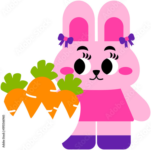 Cute Easter Bunny with Carrots in Egg Shell Kawaii Spring Cartoon Illustration