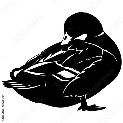 Silhouette of a sleeping duck with its head tucked in, resting calmly