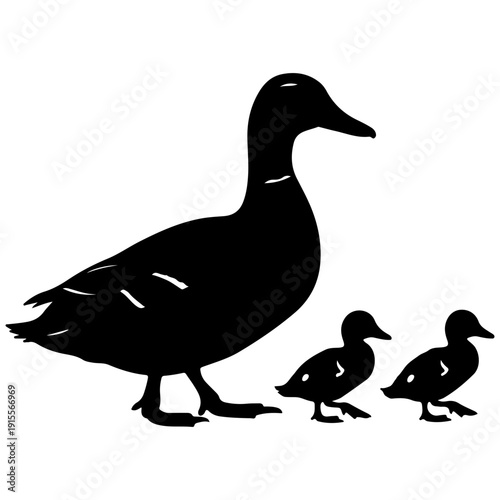 Family of Ducks Silhouette: Mother and Two Ducklings Walking Together