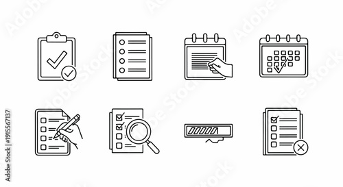 Various icons representing different aspects of document management and organization. Vector