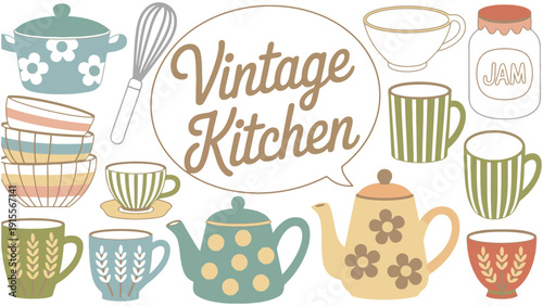 Charming collection of vintage kitchenware and utensils in a retro style.