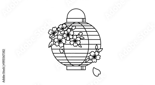 Traditional Japanese lantern with cherry blossoms a simple line art illustration for cultural events and spring decoration isolated on white