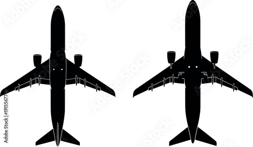 Two commercial airplanes viewed from above with different wing configurations