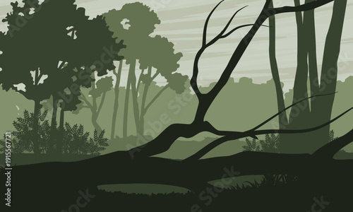 Deep forest landscape with fallen tree vector. Realistic foggy woodland scene with green trees and bushes silhouettes, misty nature background.