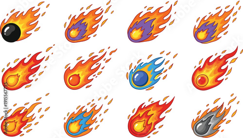 Set of fiery meteor and fireball illustrations with flames, burning comets, fantasy effects, and dynamic cartoon elements