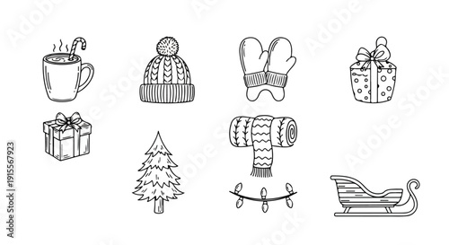 A collection of winter-themed illustrations featuring cozy objects and festive symbols Vector