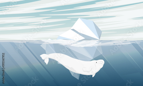 A beluga whale swims past an iceberg. Aquatic mammals of the Arctic. Realistic vector landscape.