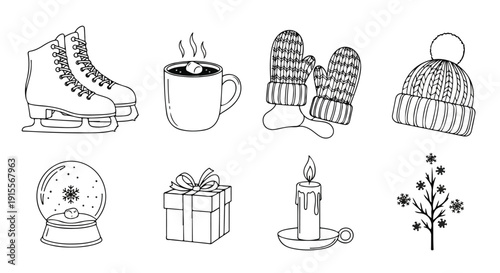 Winter activities and festive elements illustrated in a charming line art style Vector