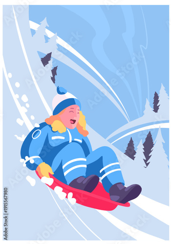 Girl is sledding down a hill. Vector illustration. Perfect for card, poster, banner.