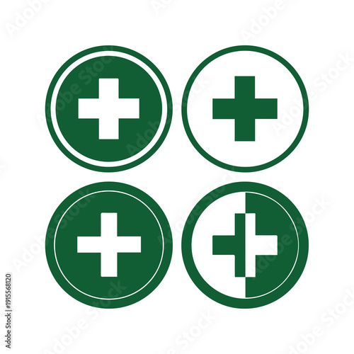 Four green circles with white cross symbols for medical or emergency design