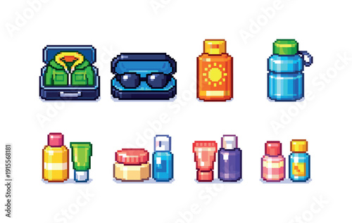 Travel essentials pixel art icon set. Luggage, sunscreen, water bottle pixel icons