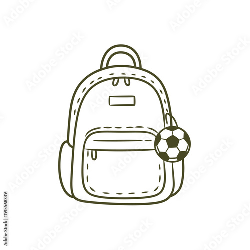 A simple line drawing depicts a backpack with a soccer ball attached