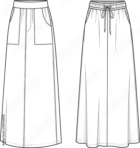 Technical flat sketch of women maxi skirt with elastic waistband and drawstring detail, cad drawing flat vector illustration apparel template