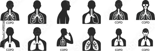 COPD Icon Set Featuring Lung Anatomy Respiratory Disease Symbols Human Silhouette Graphics For Chronic Obstructive Pulmonary Disease Healthcare Medical Education And Lung Health Awareness