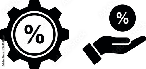 Hand holding coin symbol next to gear with percentage sign for financial growth or investment