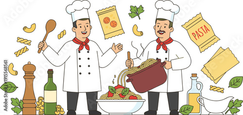 Horizontal illustration of two chefs cooking spaghetti with pasta ingredients and wine in flat vector style,